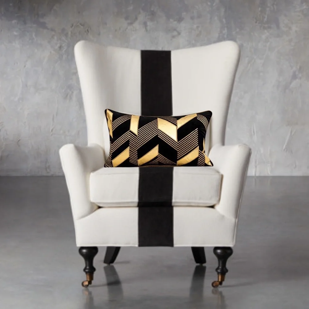 Luxury Home | Black & Gold Soft Velvet Faux Leather Geo Lumbar Pillow Cover